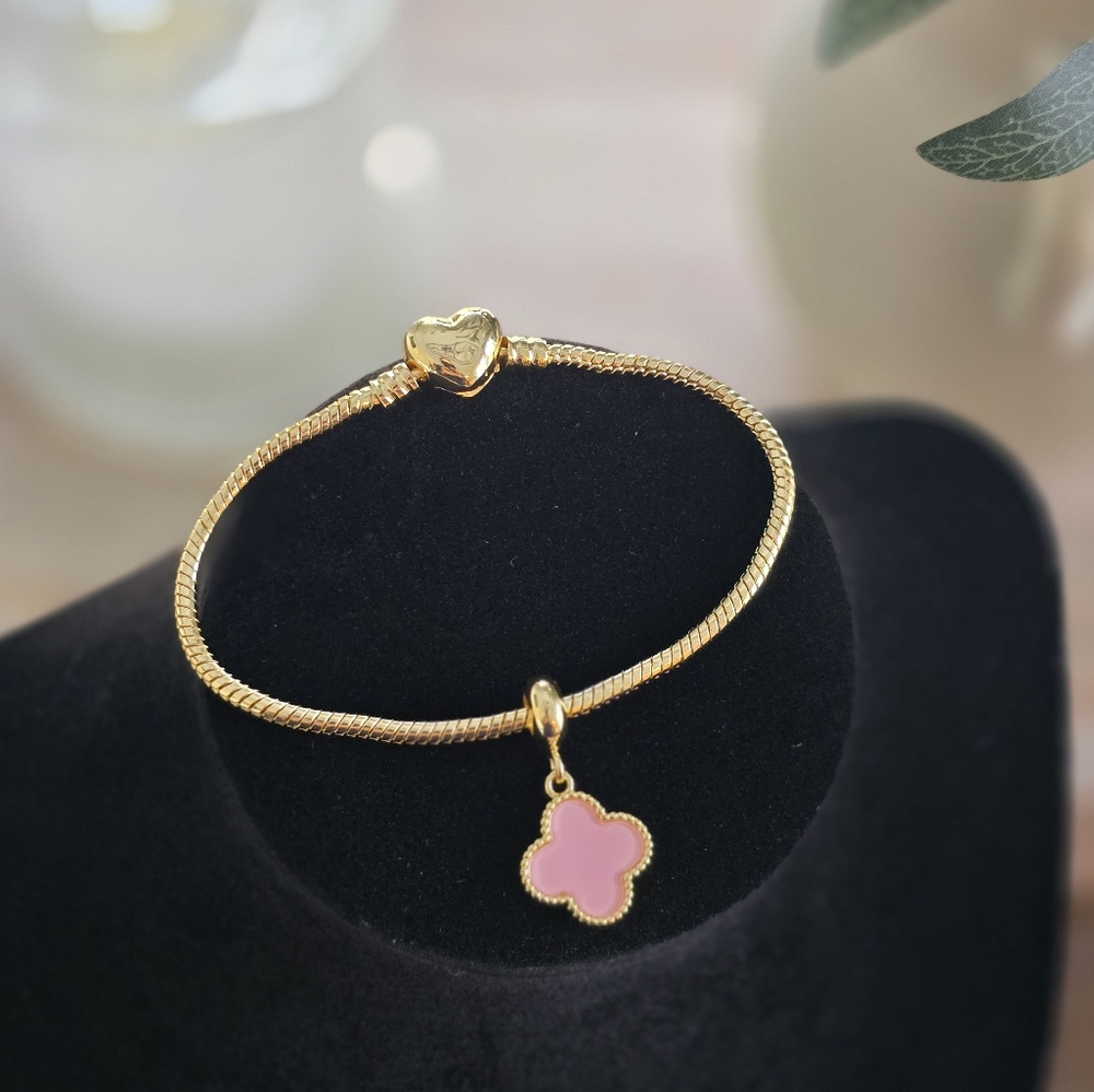 18k Gold Plated Designer Inspired Bracelet with Pink Clover
